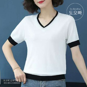 브리끄 여성 비넥 티셔츠 여름 포인트 반팔