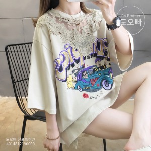 지오샤 여성 반팔티 루즈핏 티셔츠 레이스 프린팅