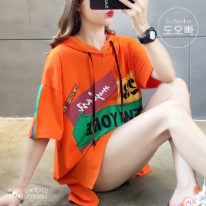 로이투 여성 반팔 후드티 루즈핏 프린팅 티셔츠 박시