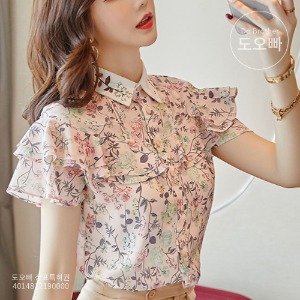 린포샤 여성 반소매 쉬폰 셔츠 플라워 프린팅