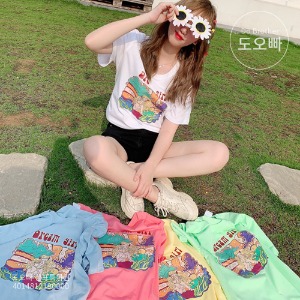 드리머스 여성 반팔 티셔츠 여름 캔디 컬러 프린팅