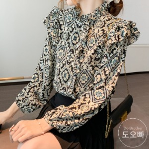 모미블 여성 패턴 블라우스 셔츠 프릴 쉬폰 긴소매