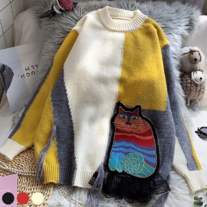 팡팡티 여성 니트티 루즈핏 패치 가을 겨울 티셔츠