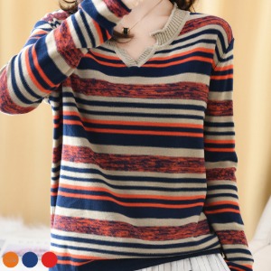 서피르 여성 니트 스트라이프 브이넥 줄무늬 스웨터