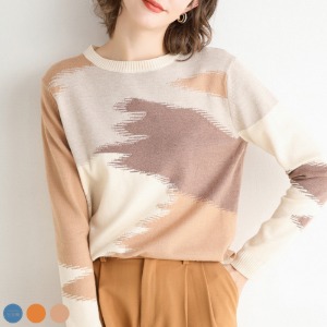 데이프 여성 니트 페인팅 패턴 스웨터 루즈핏 라운드