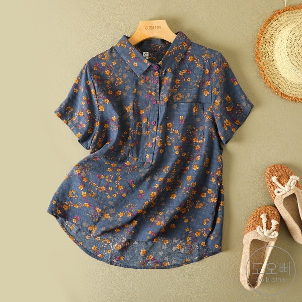 리겐디 여성 반팔 셔츠 블라우스 카라넥 꽃무늬 플라워 프린팅 여름 얇은 여자반팔티 프리사이즈