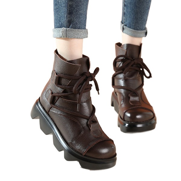 도오빠 렉카르 여성 가죽 앵클 부츠 워커 브라운 3cm 키높이 통굽 뒷지퍼 무지 미들 부티 여자부츠 가을 신발