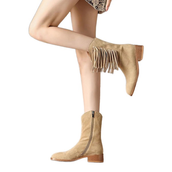 도오빠 하티코 여성 웨스턴 부츠 베이지 가죽 앵클 3CM 키높이 통굽 미들부츠 프린지부츠 테슬 여자부츠 가을 겨울 신발