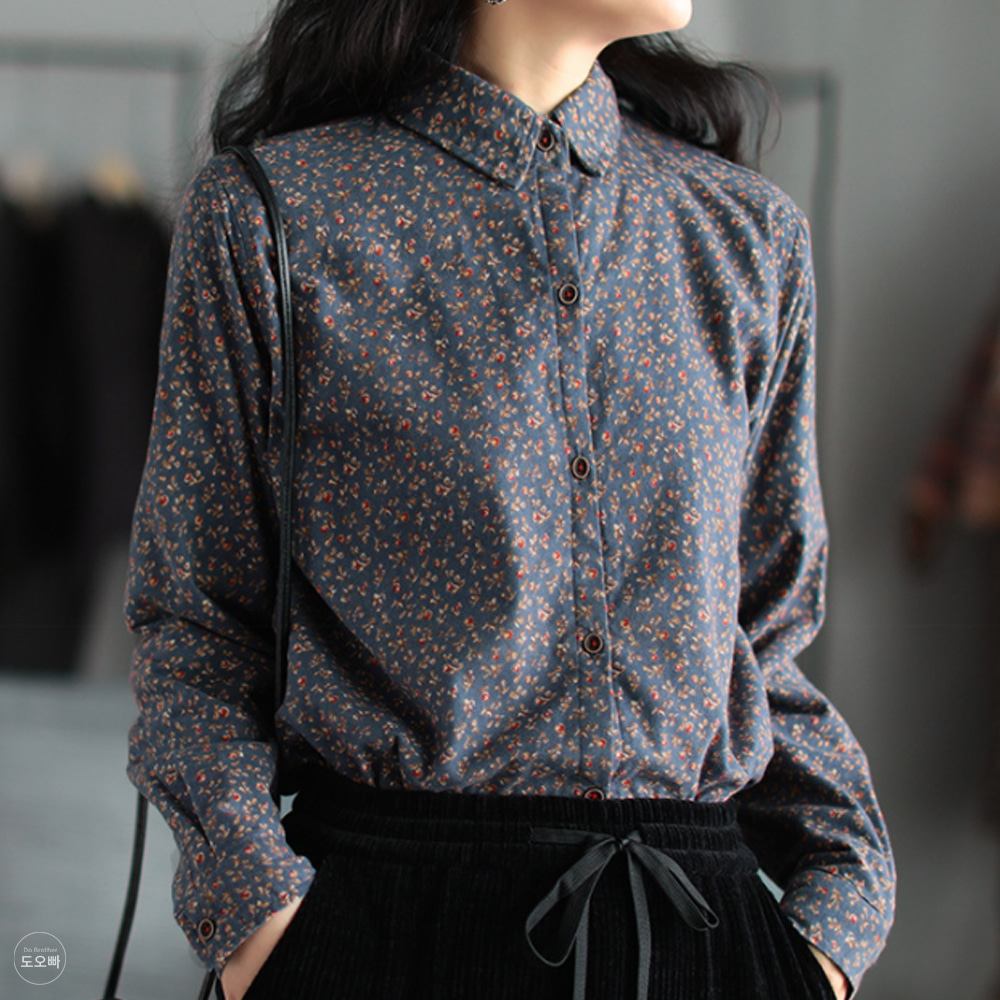 F플라 여성 셔츠 블라우스 플라워 패턴 오버핏 긴팔