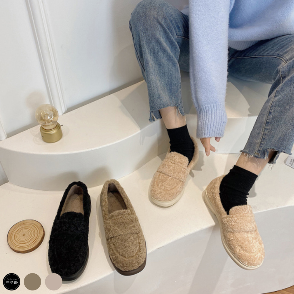 볼큐리 여성 로퍼 단화 따뜻한 신발 털신발 로우힐
